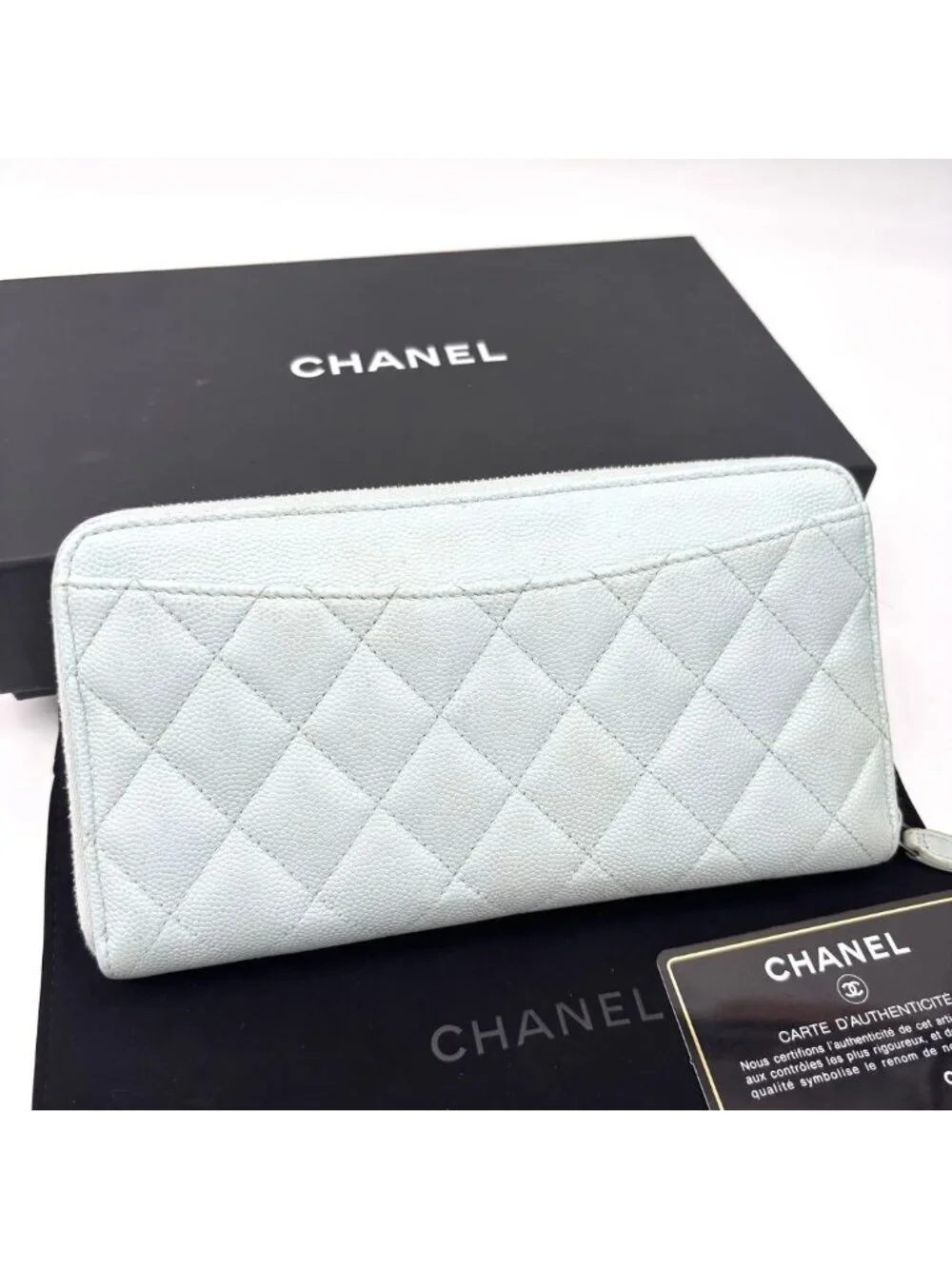 Chanel Quilted Caviar Leather Zip Around Wallet Blue
